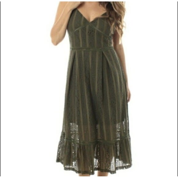Olive Green Eyelet Lace Funky Soul Boho Maxi Sun Dress L - Picture 1 of 3